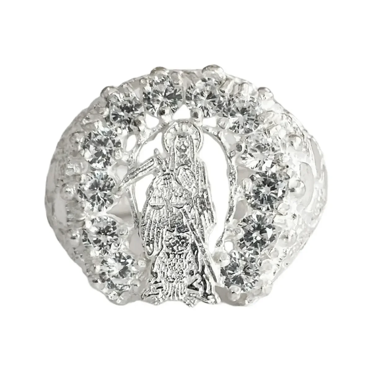 Anillo de sello Plata .925 Santa Muerte con herradura y zirconia, un anillo grueso para hombre con diseño de calavera y banda