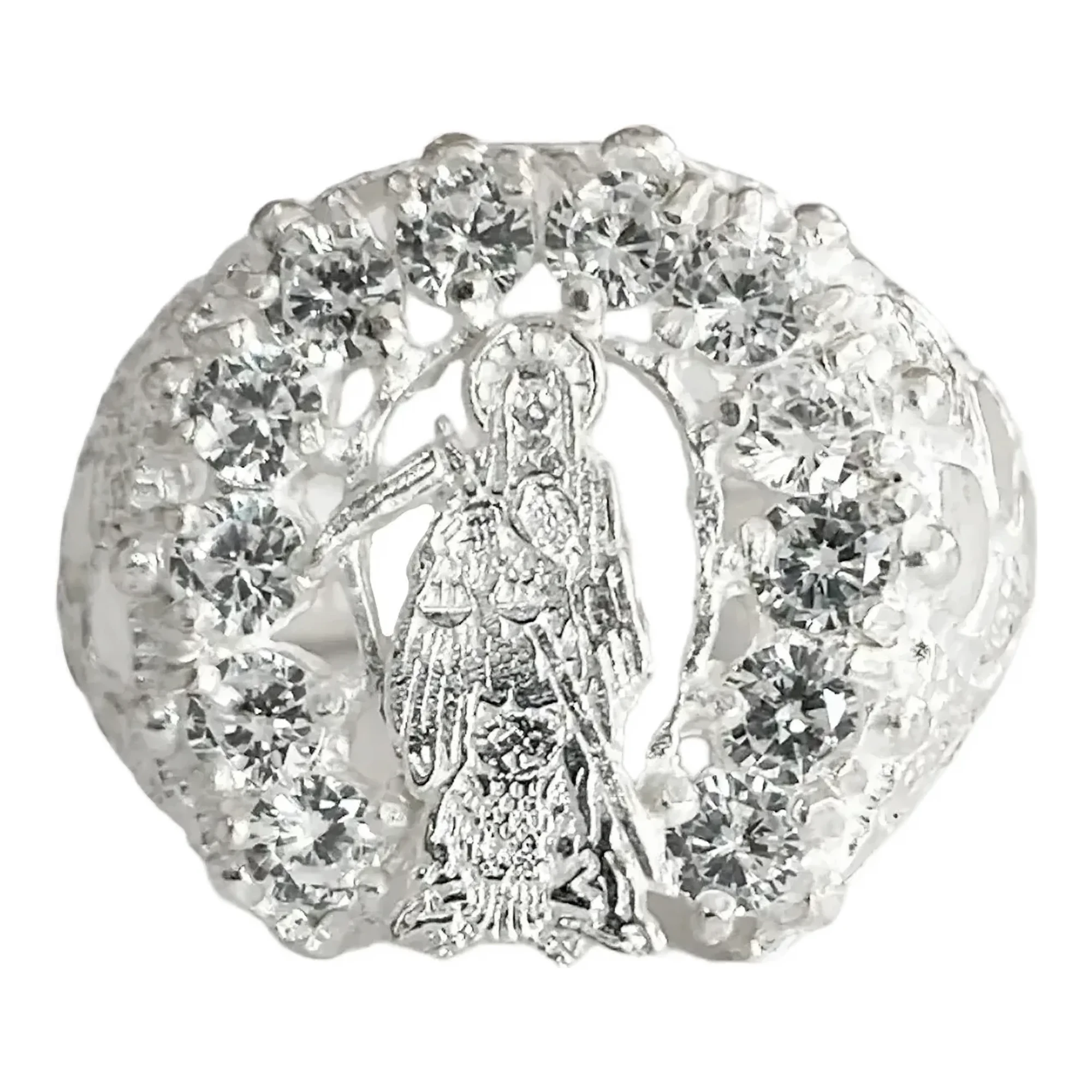 Anillo de sello Plata .925 Santa Muerte con herradura y zirconia, un anillo grueso para hombre con diseño de calavera y banda