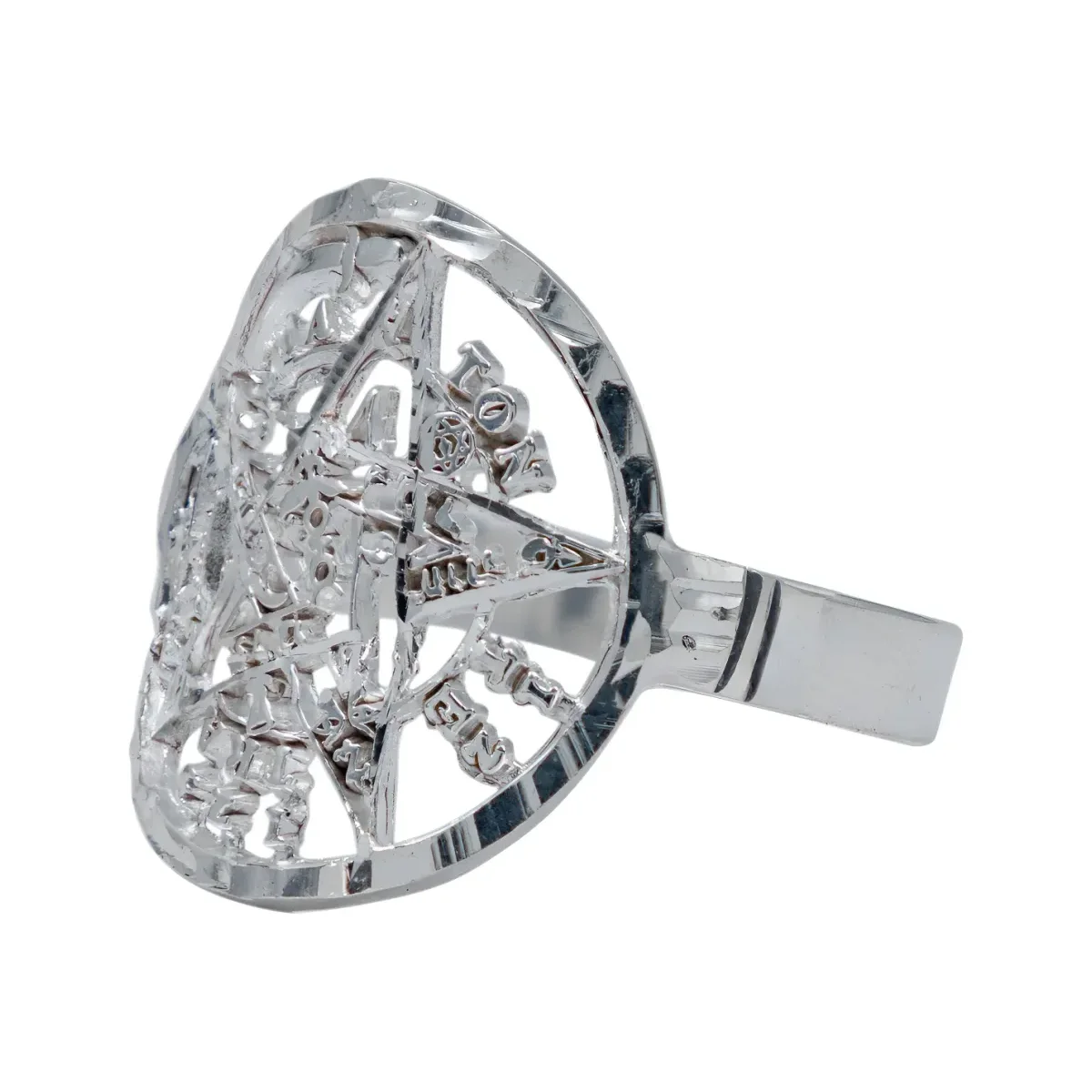 Anillo Plata .925 Tetragramaton Diamantado Unisex, diseño geométrico, acabado diamantado brillante, joyería espiritual de pro
