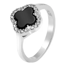 Anillo Plata 925 Trébol con Zirconias Negras Unisex Talla 7.5 - Imagen 1