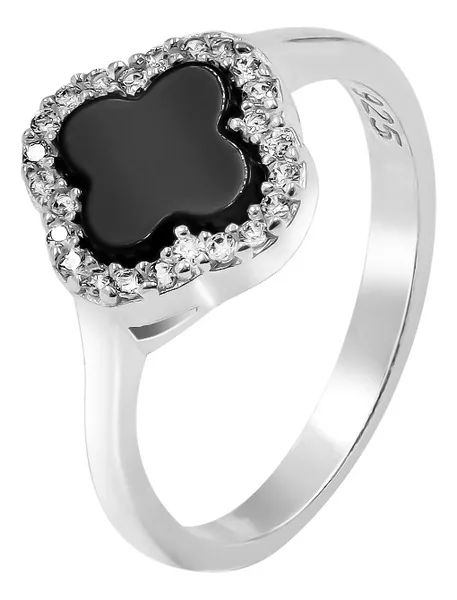 Anillo de plata .925 negro con zirconia trebol esmaltado — Joyaris
