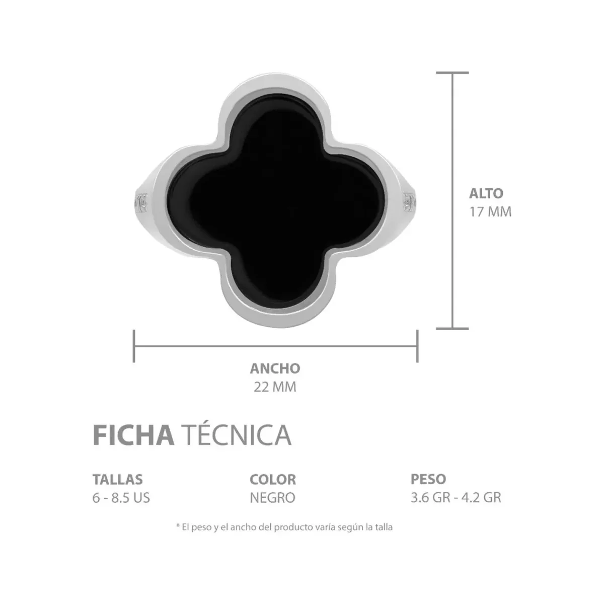 Anillo Plata 925 Trébol Cuatro Hojas Esmaltado Negro con Zirconia - Imagen 7