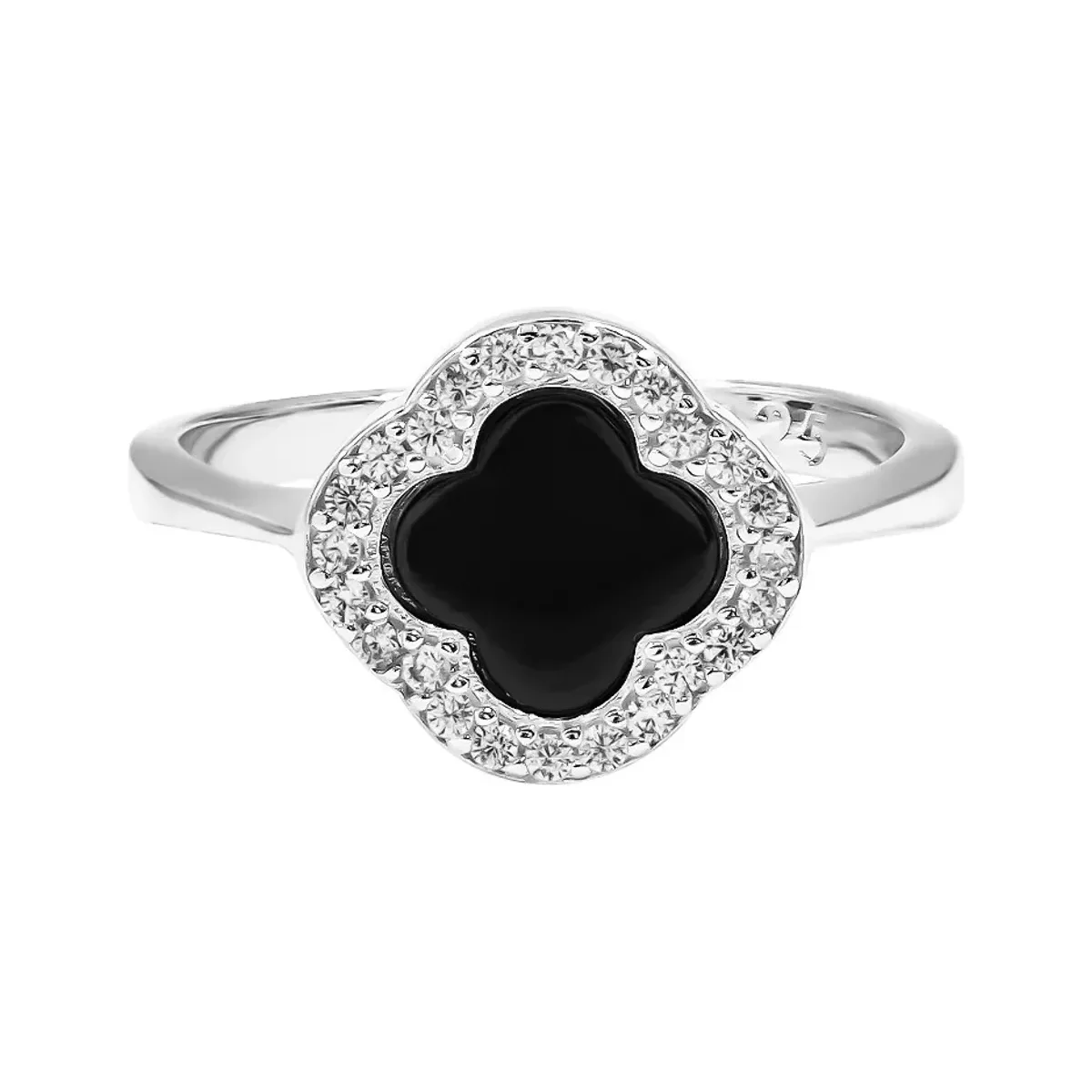 Anillo Plata 925 Trébol de Cuatro Hojas Esmaltado Negro con Zirconia - Imagen 2
