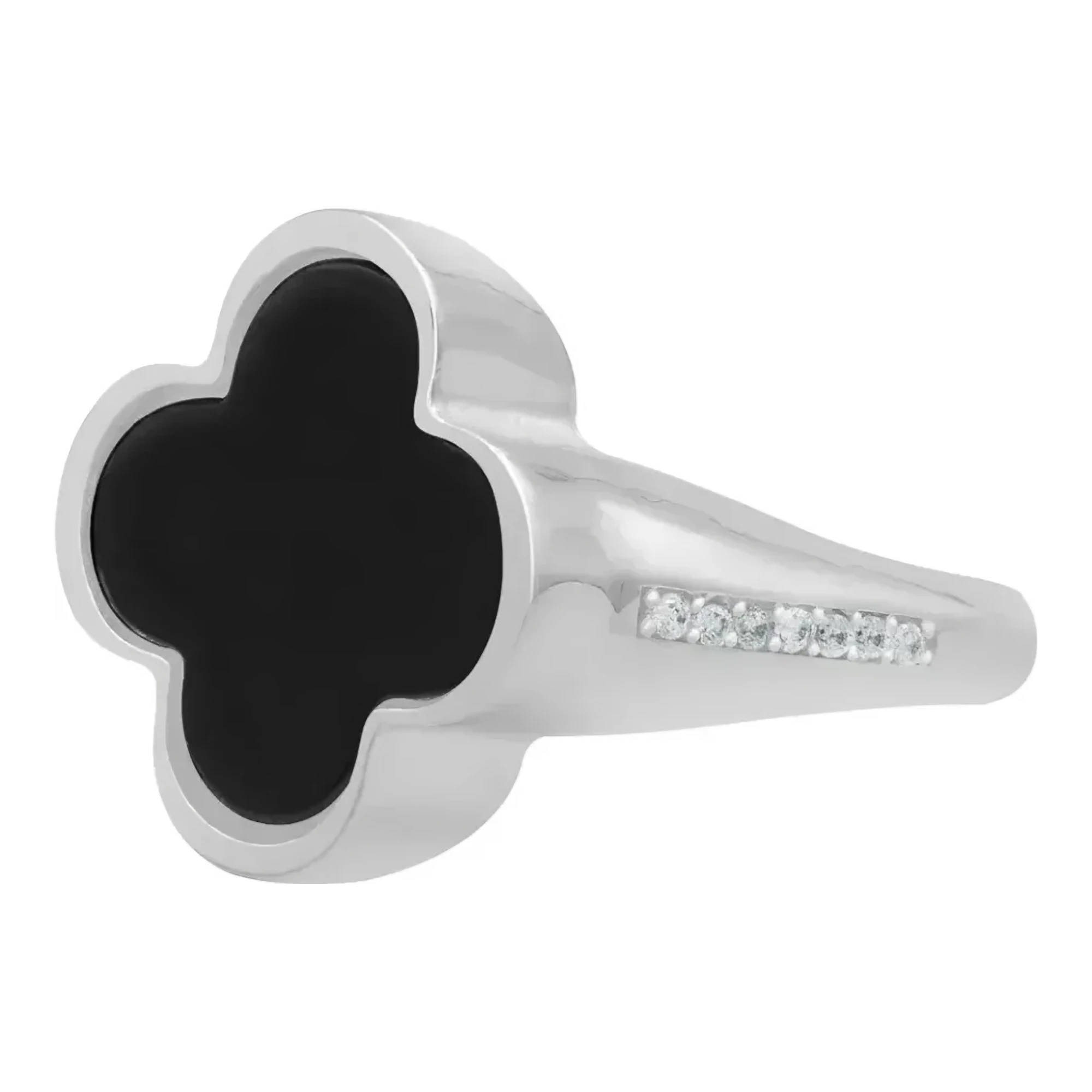 Anillo de trebol de 4 hojas mujer en plata .925 nacional acabado liso esmaltado negro con zirconia negra brillante talla 9.5