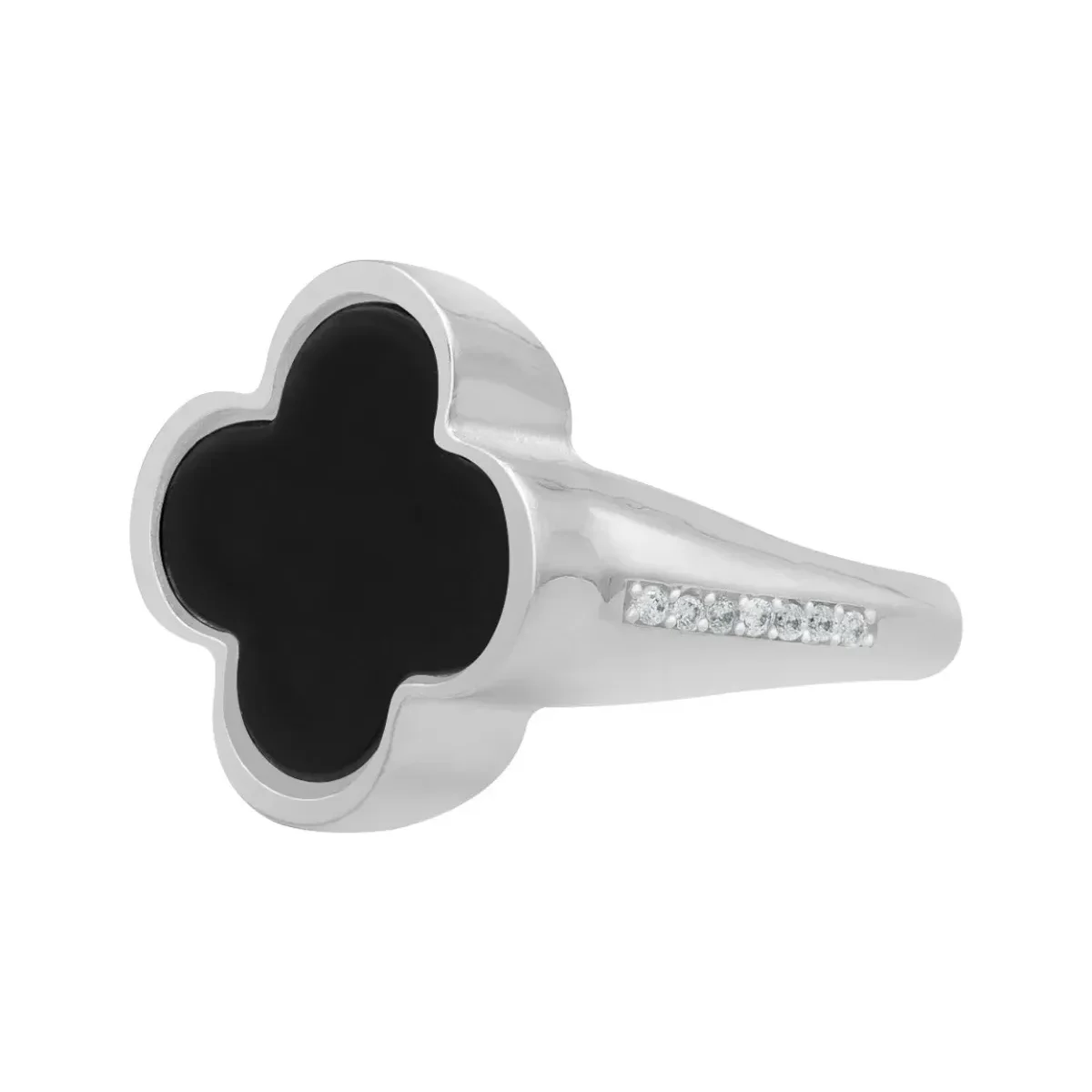 Anillo de plata .925 trébol esmaltado negro con zirconia, diseño de moda y delicado, joyería de plata 925 con significado.