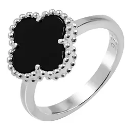 Anillo Plata 925 Trébol Esmaltado Negro con Orilla Bolitas - Imagen 1