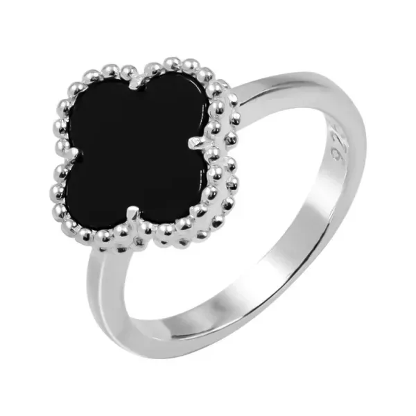 Anillo de plata .925 negro trebol esmaltado orilla de bolitas — Joyaris