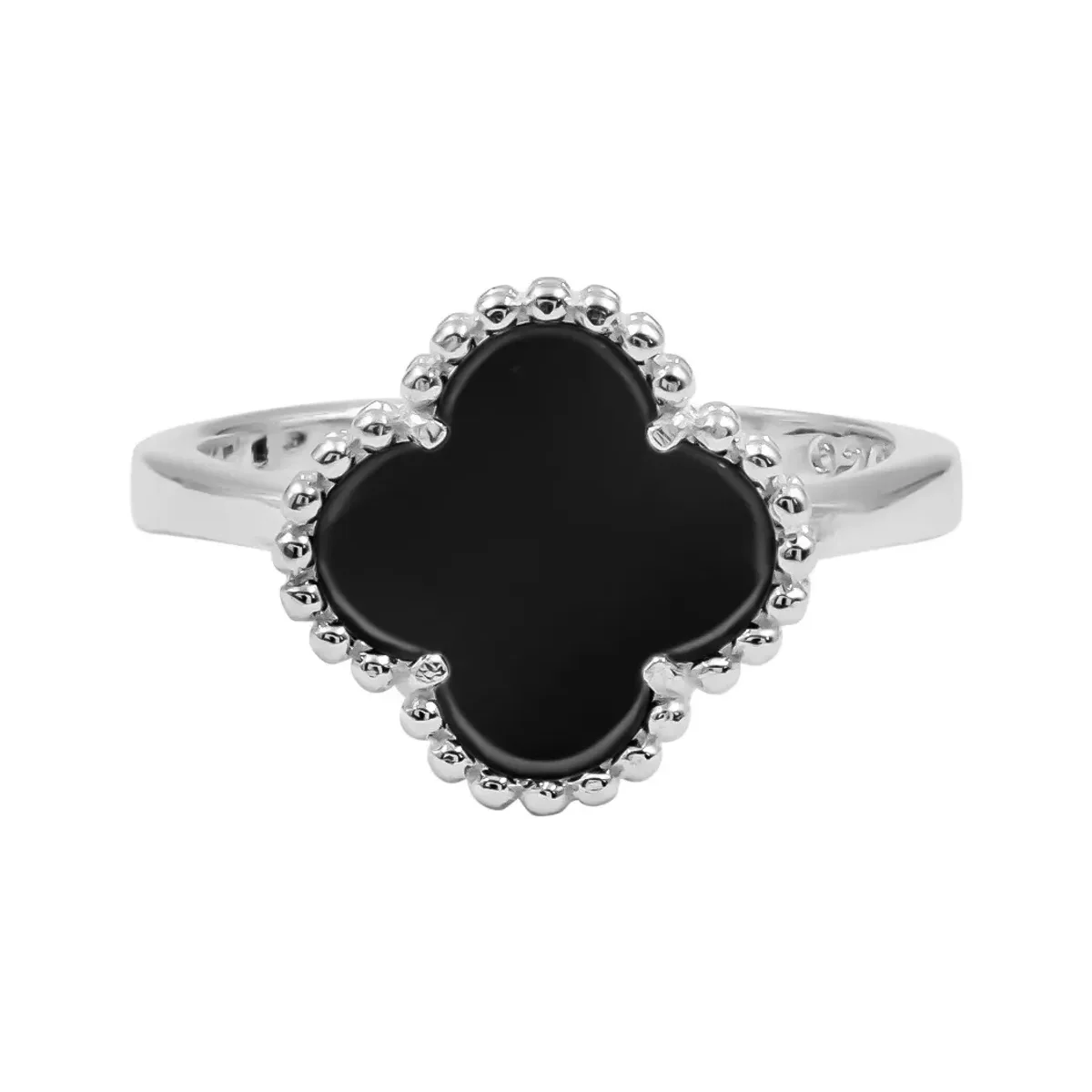 Anillo Plata 925 Trébol Esmaltado Negro con Orilla Bolitas - Imagen 2