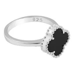 Anillo Plata 925 Trébol Esmaltado Negro con Orilla Bolitas - Imagen 3