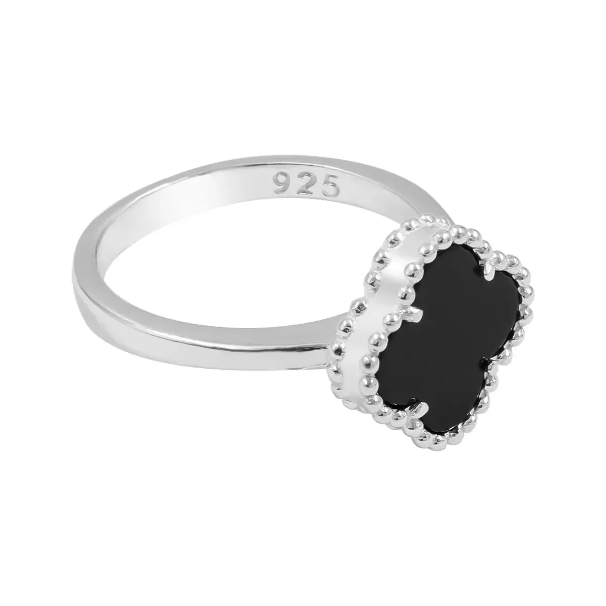 Anillo Plata 925 Trébol Esmaltado Negro con Orilla Bolitas - Imagen 3