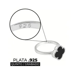 Anillo Plata 925 Trébol Esmaltado Negro con Orilla Bolitas - Imagen 4