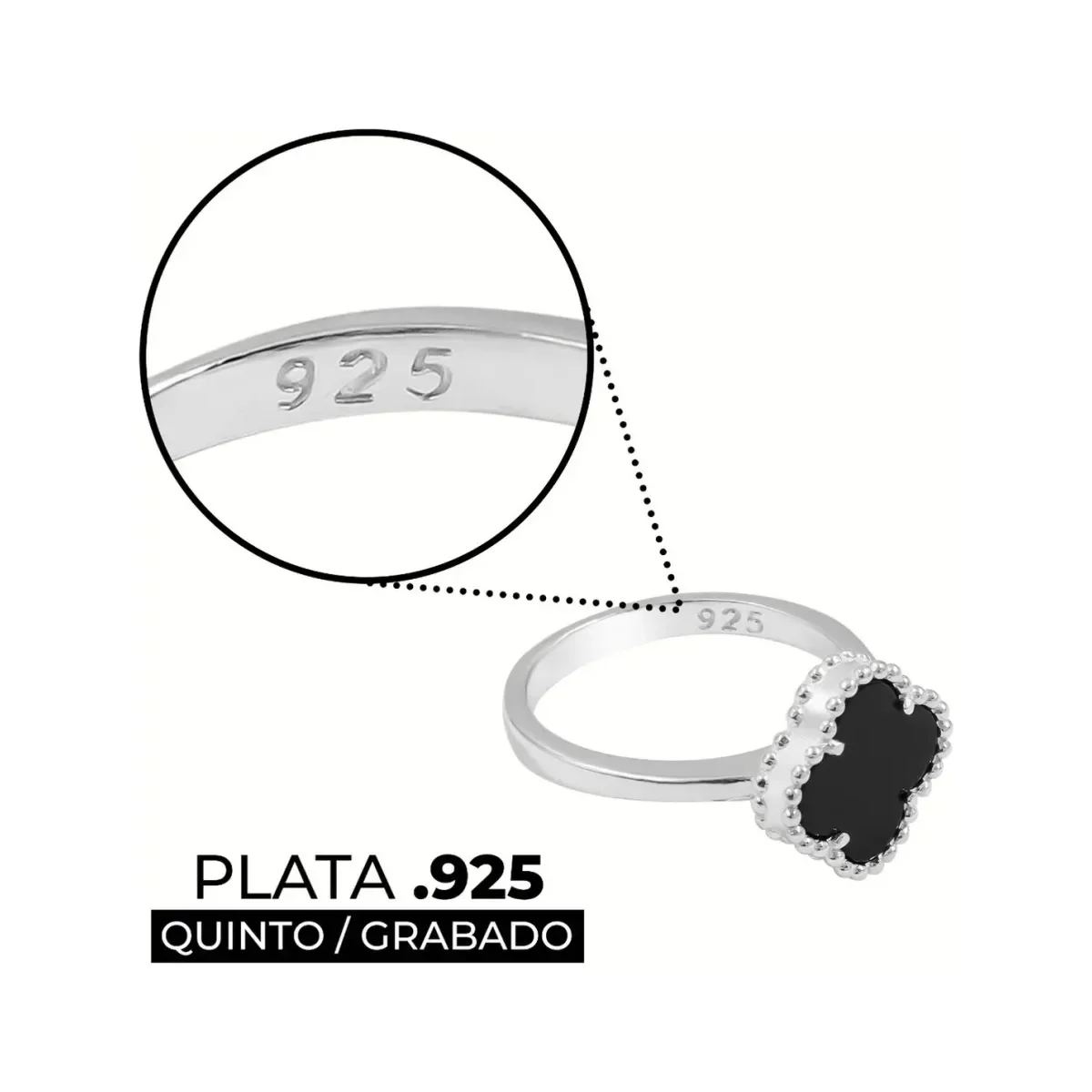 Anillo Plata 925 Trébol Esmaltado Negro con Orilla Bolitas - Imagen 4