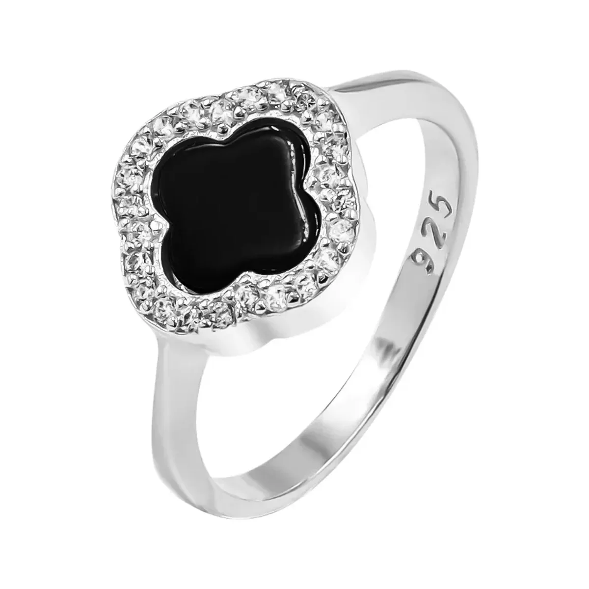 Anillo de Plata .925 nacional con trébol esmaltado negro y zirconia. Joyería mexicana, anillo moderno, diseño geométrico arte