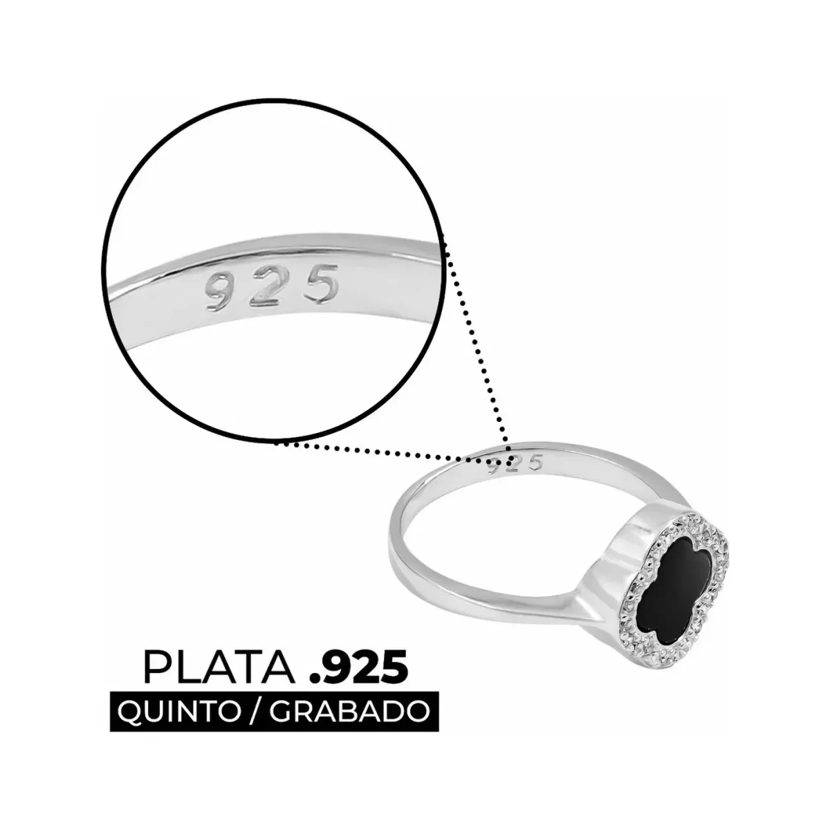 Anillo Plata 925 Trébol Esmaltado Negro con Zirconia Talla 7 - Imagen 3