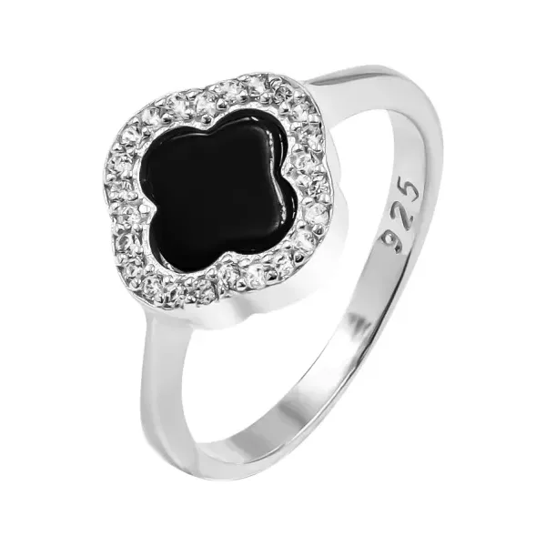 Anillo Trébol Esmaltado Negro con Zirconia Plata .925 - Imagen 1