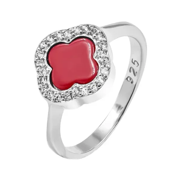 Anillo Trébol Rojo Esmaltado Plata .925 con Zirconia - Imagen 1