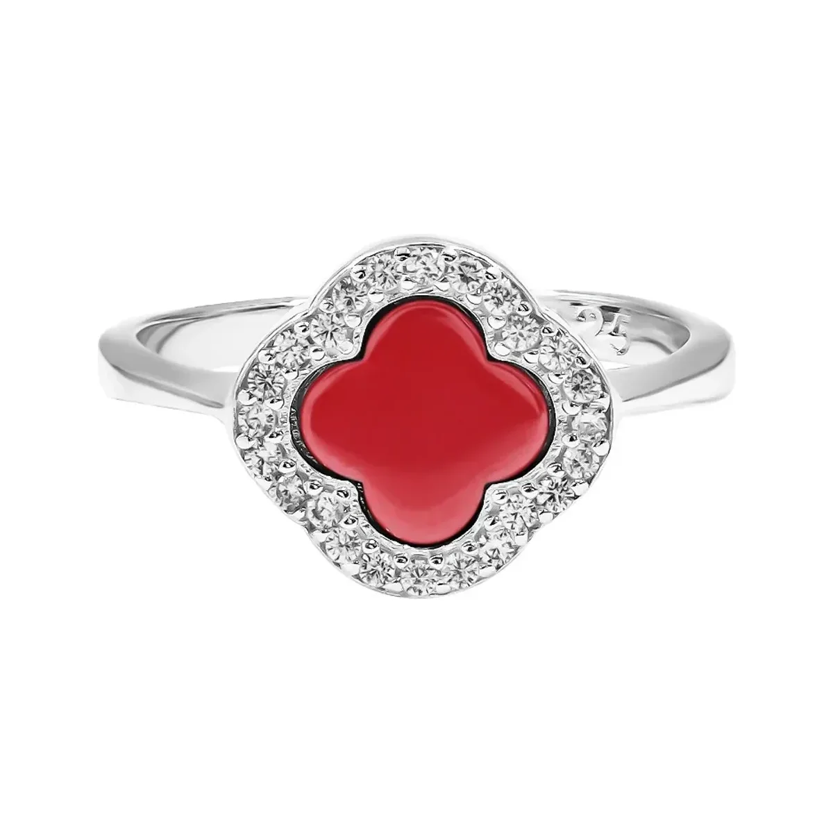 Anillo Plata .925 Trébol Esmaltado Rojo con Zirconia para Mujer - Imagen 2