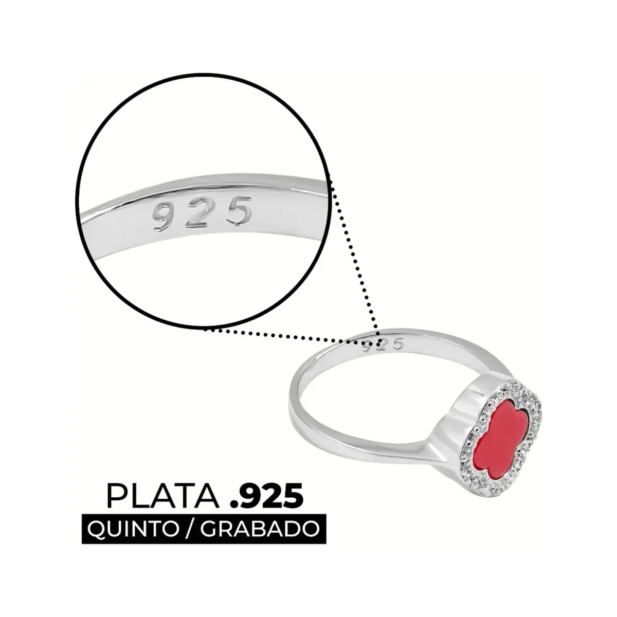 Anillo Plata 925 Trébol Esmaltado Rojo con Zirconia Talla 7.5 - Imagen 3