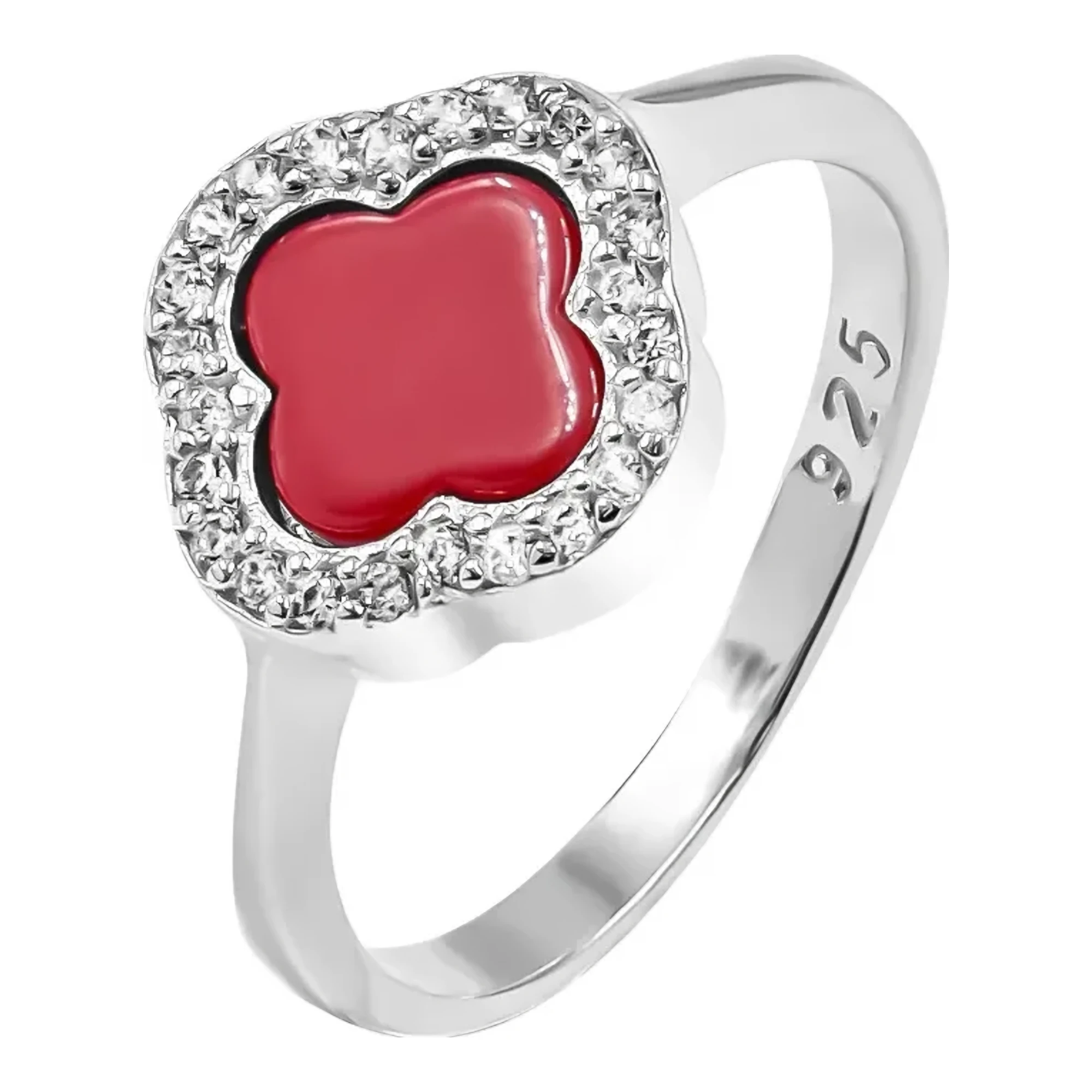 Anillo Plata 925 Nacional trébol esmaltado rojo con zirconia, un diseño moderno de buena suerte para joyería boda, anillos de