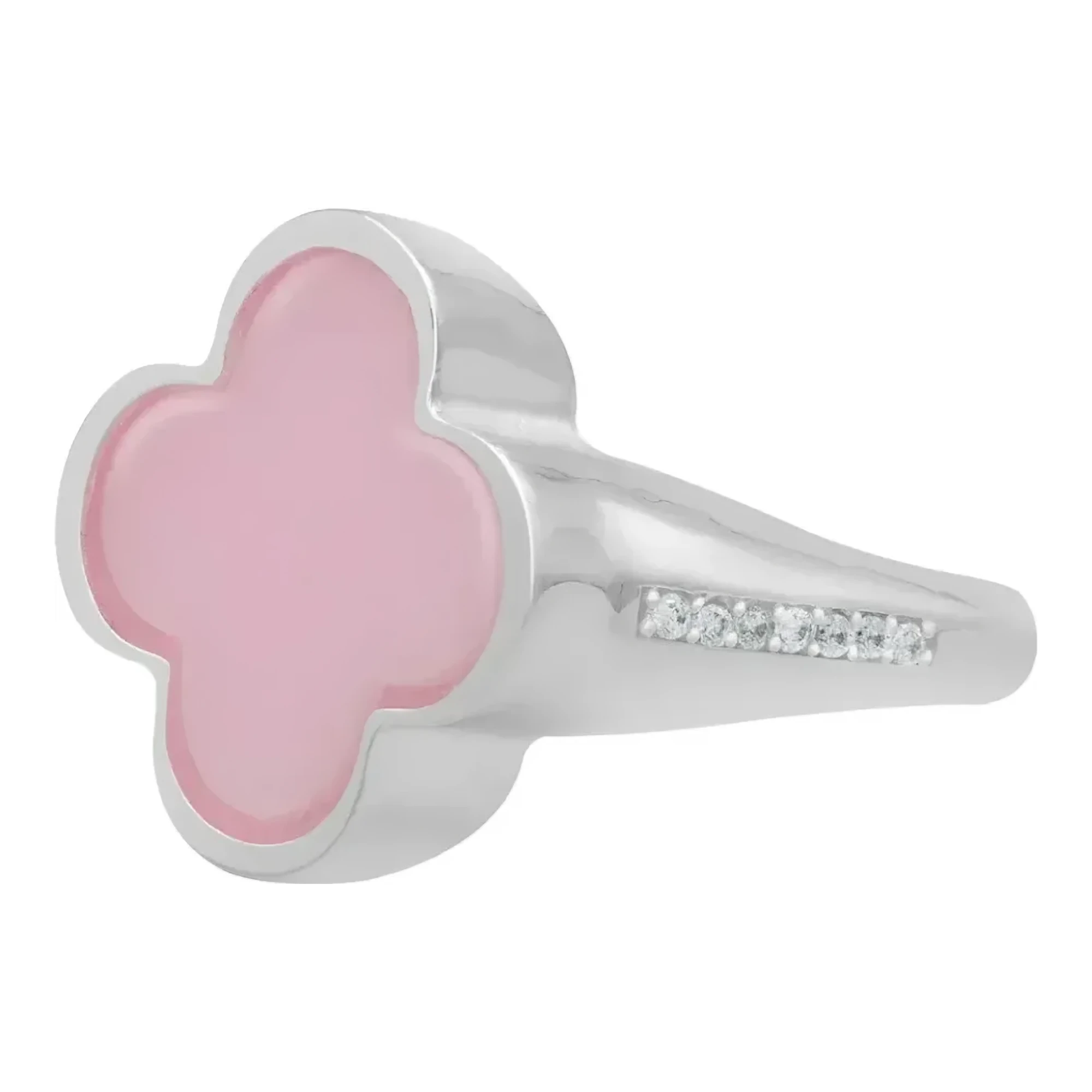 Anillo trebol plata .925 para dama con esmalte rosa y zirconia brillante, sortija amuleto de la buena suerte en talla seis