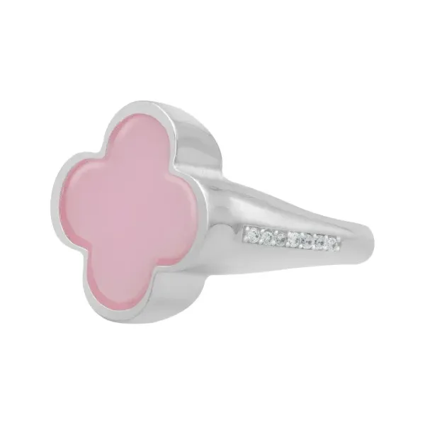 Anillo de plata .925 rosa zirconia trebol esmaltado diseno unisex — Joyaris