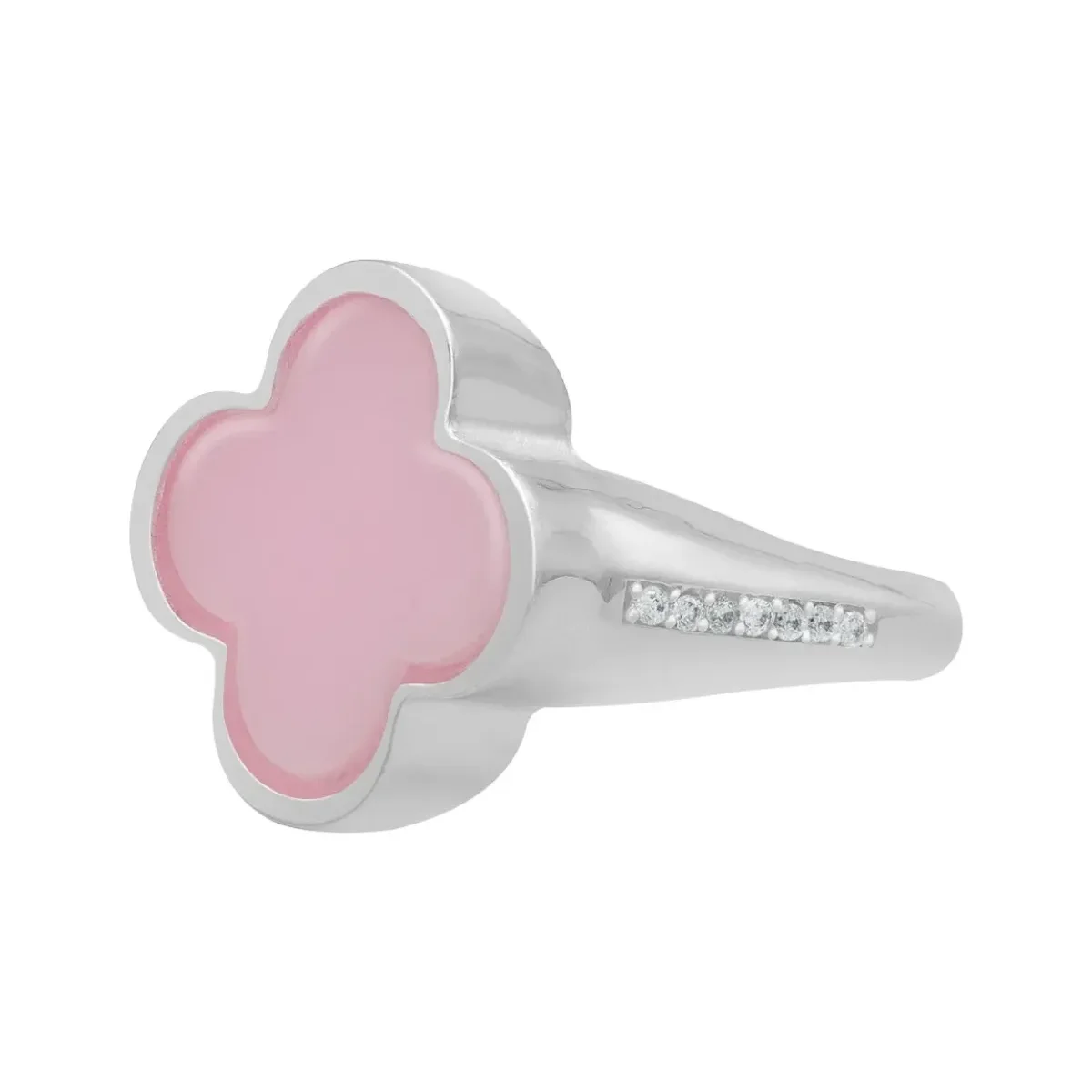 Anillo Plata .925 Trébol Esmaltado Rosa con Zirconia, joyería artesanal mexicana con diseño inspirado en la naturaleza y gema