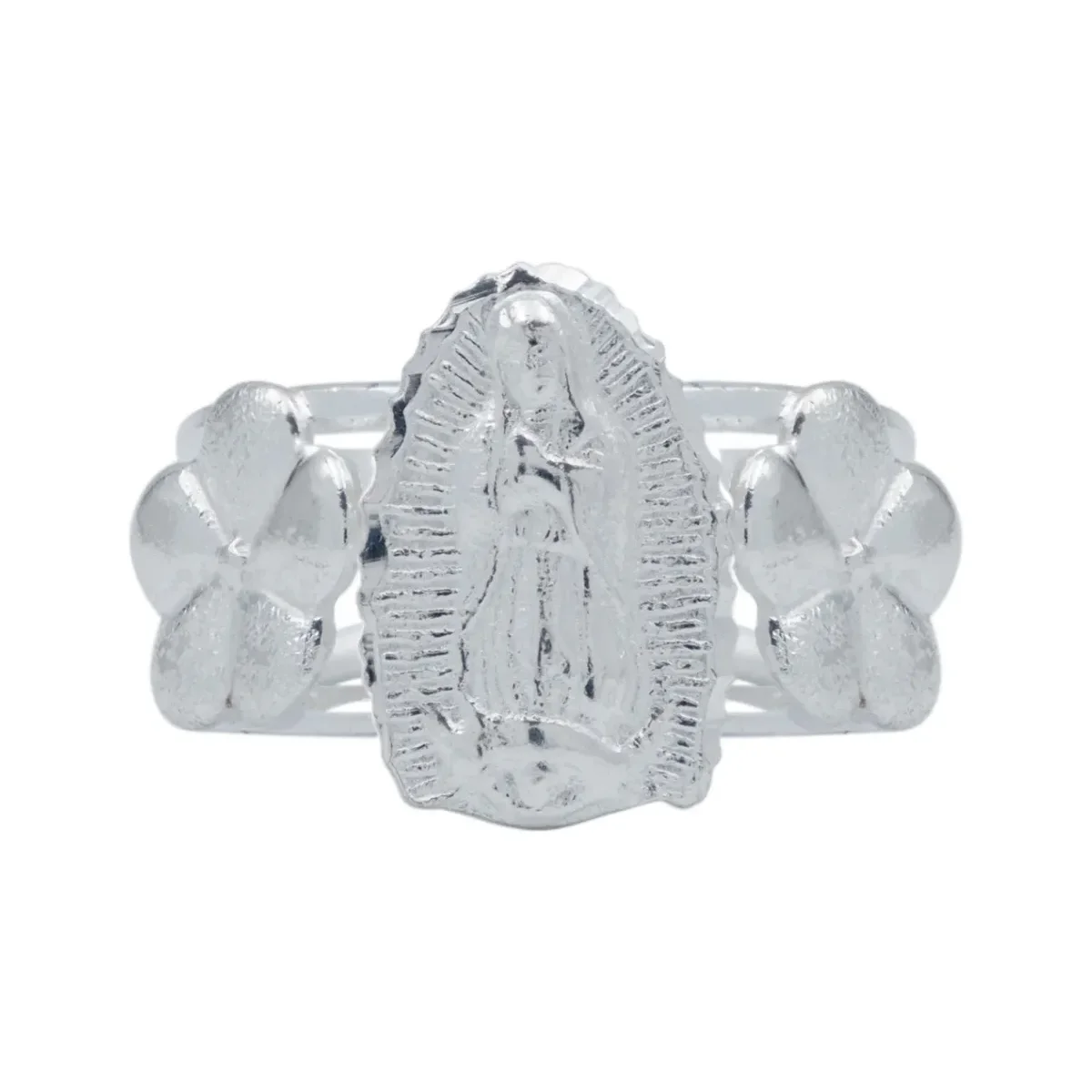Anillo Plata .925 Virgen Guadalupe con Flores, joya artesanal mexicana ajustable. Diseño floral, símbolo de fe y protección.