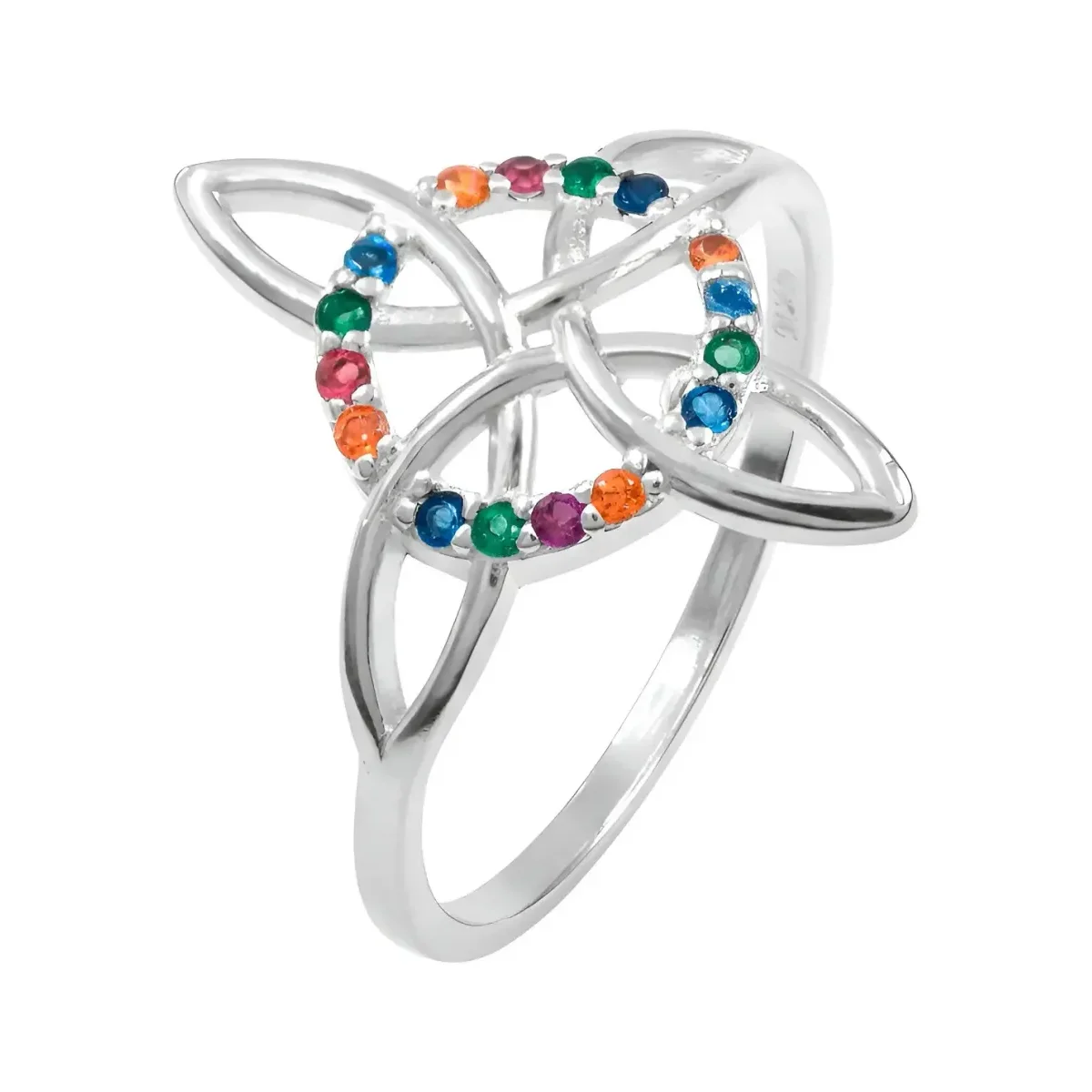 Anillo Plata .925 Nudo de Bruja Celta con Zirconia Multicolor. Joyería espiritual, anillo de protección, diseño místico y vib