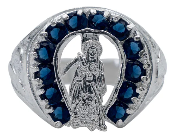 Anillo Plata 925 Santa Muerte Herradura Zirconia Azul Unisex - Imagen 1