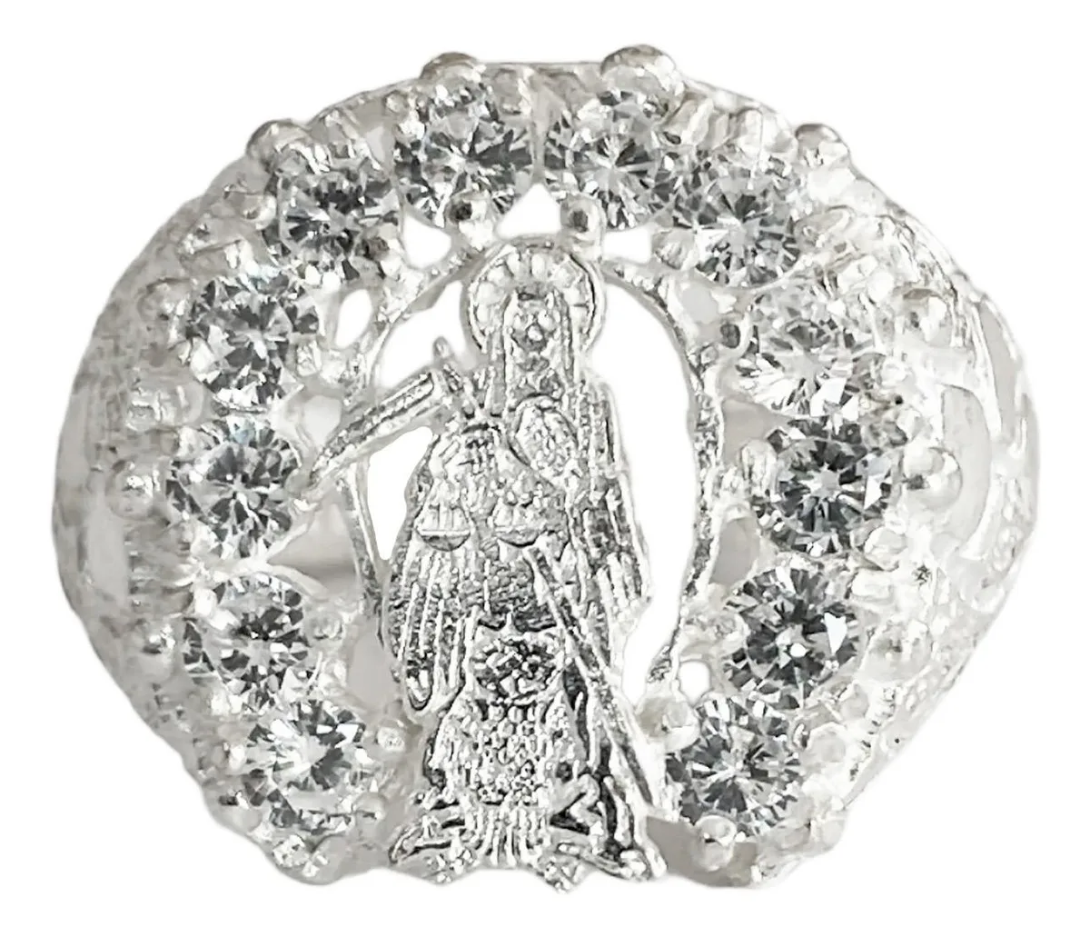 Anillo Plata 925 Santa Muerte Herradura con Zirconias blancas, un anillo amuleto de joyería mexicana. Diseño llamativo plata