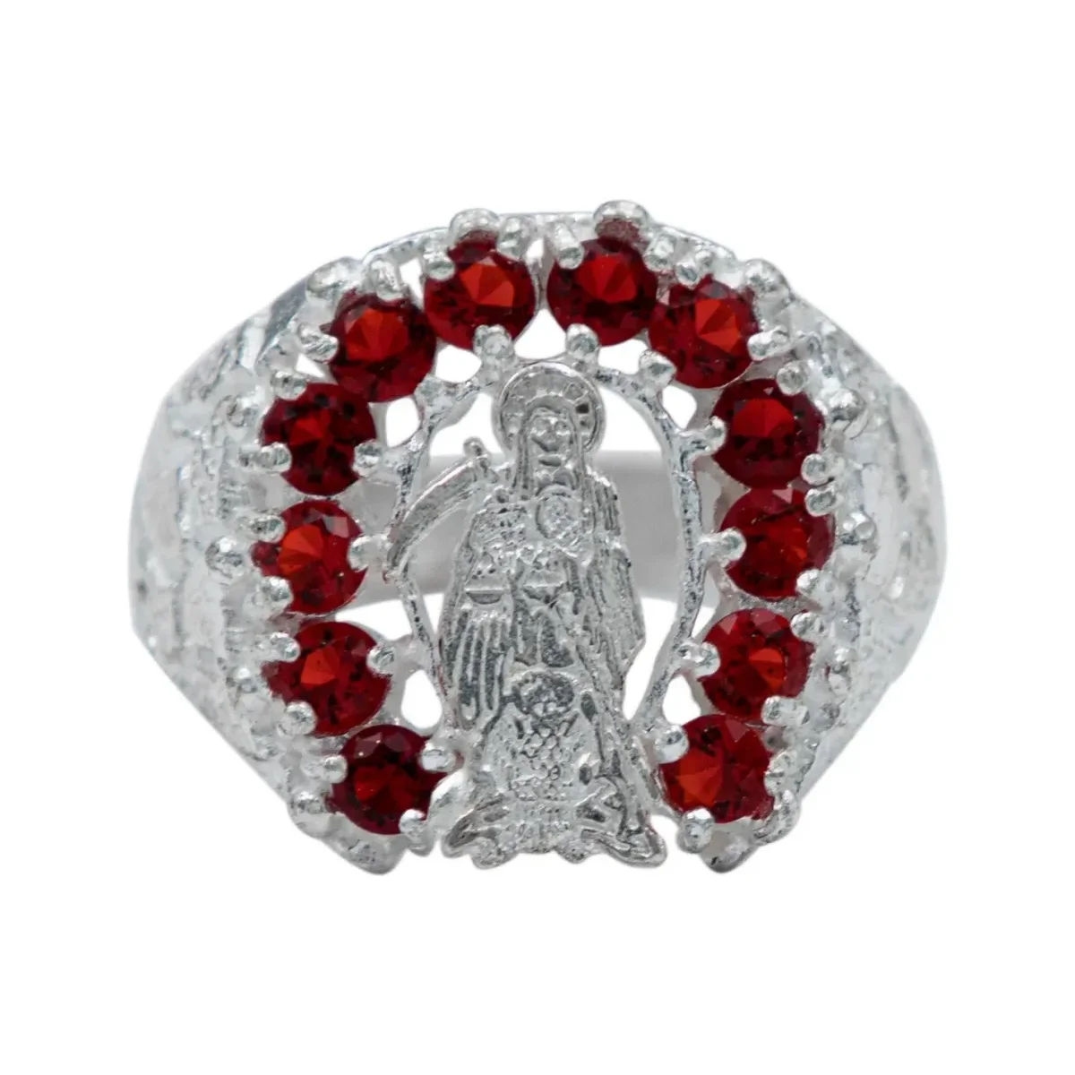 Anillo de plata .925 rojo zirconia diseno Santa Muerte herradura — Joyaris