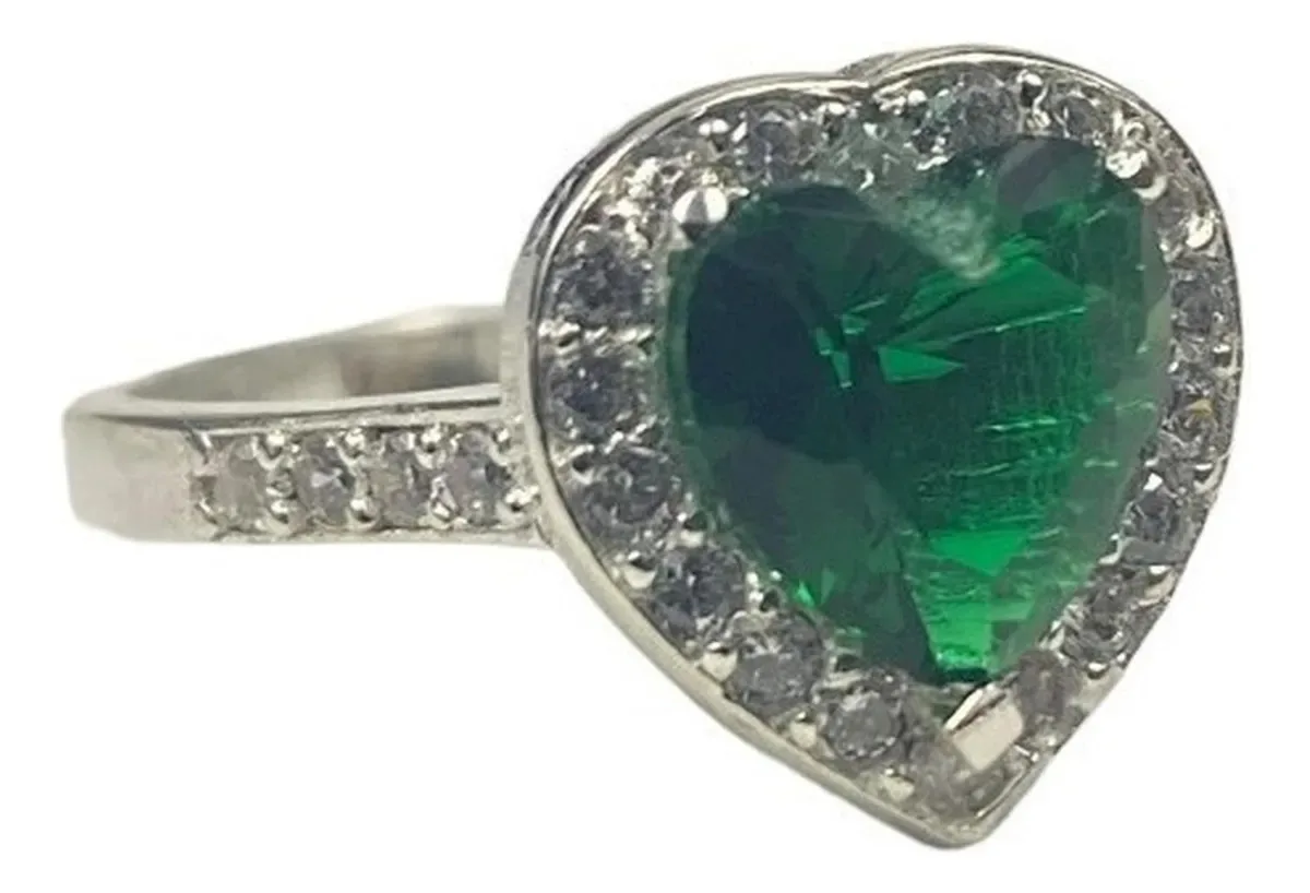 Anillo Promesa Mujer Solitario Corazón Plata 925 Zirconia Verde. Joyería nupcial de plata fina, perfecto para matrimonio.