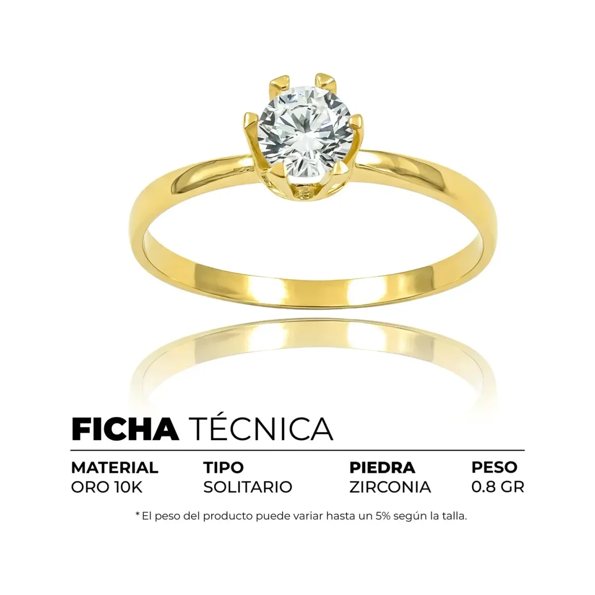 Anillo Solitario de Oro 10k con Zirconia Brillante - Imagen 5