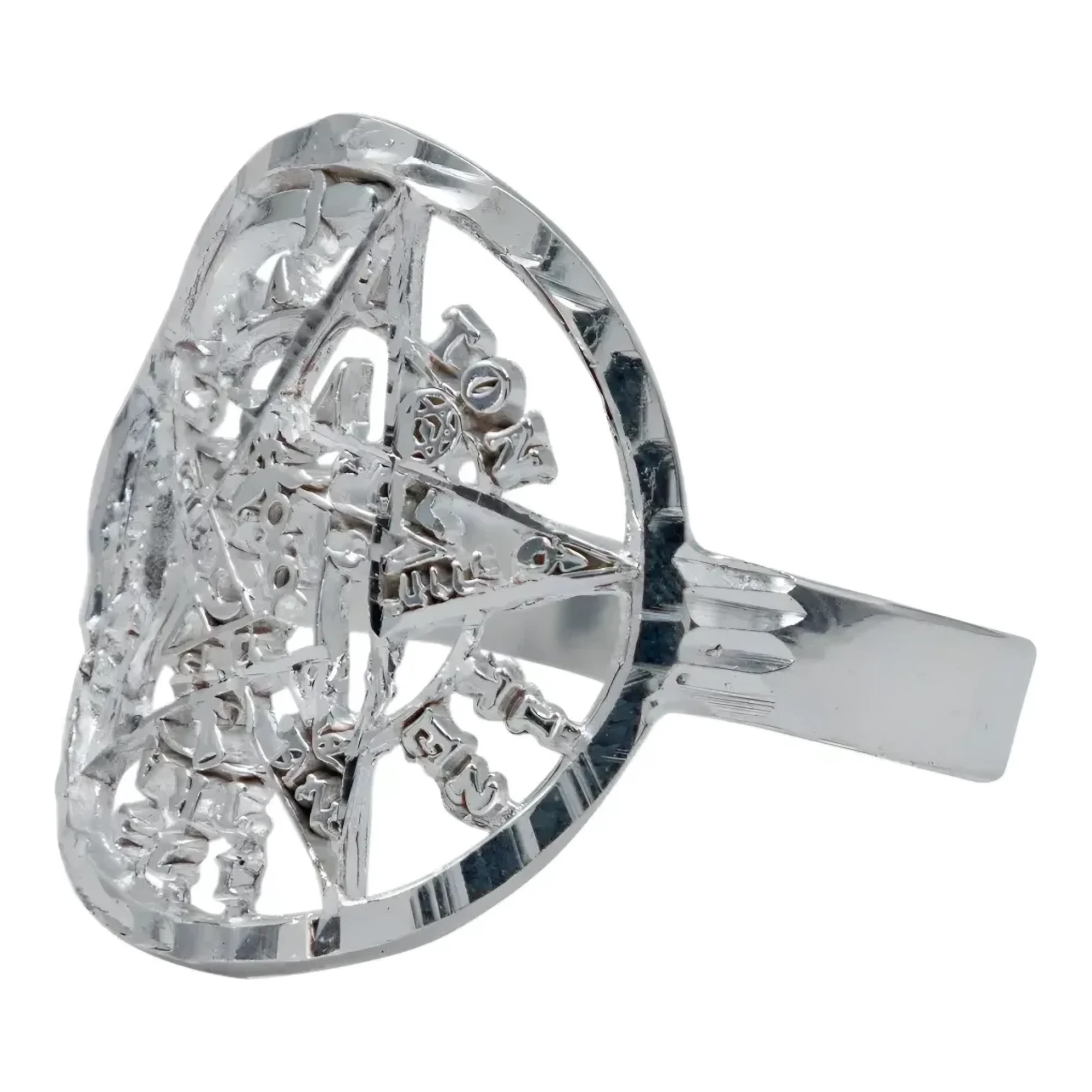 Anillo tetragramaton caballero plata 925 nacional diamantada, sello con pentagrama esotérico y talismán de protección frontal