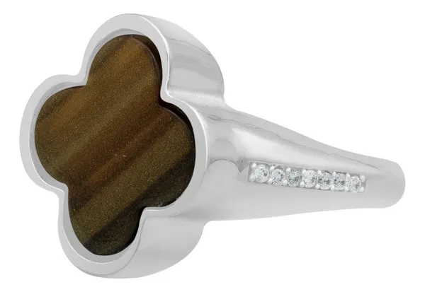 Anillo de plata .925 cafe zirconia trebol esmaltado unisex talla 6.5 — Joyaris