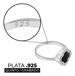 Anillo Plata 925 Trébol Esmaltado Negro con Zirconia Talla 7 - Imagen 3