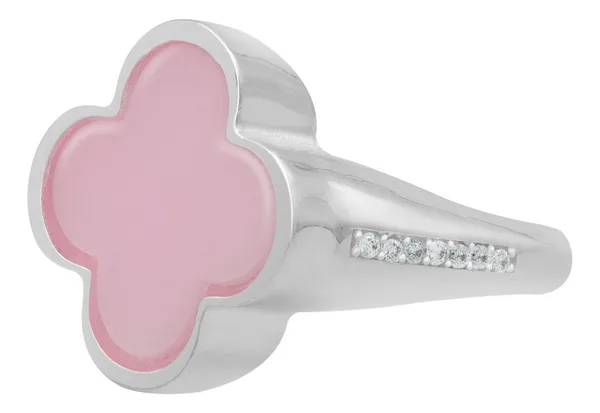 Anillo de plata .925 rosa zirconia trebol esmaltado unisex — Joyaris