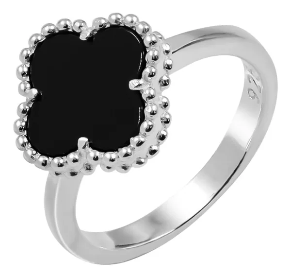 Anillo de plata .925 negro trebol esmaltado orilla de bolitas — Joyaris