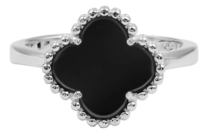 Anillo de plata .925 negro trebol esmaltado orilla de bolitas — Joyaris