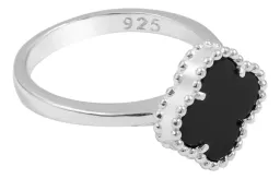 Anillo Plata 925 Trébol Esmaltado Negro con Orilla Bolitas - Imagen 3