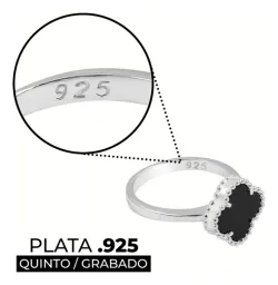 Anillo Plata 925 Trébol Esmaltado Negro con Orilla Bolitas - Imagen 4