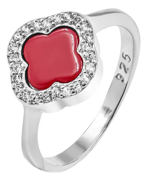 Anillo Trébol Rojo Esmaltado Plata .925 con Zirconia - Imagen 1