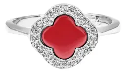 Anillo Plata .925 Trébol Esmaltado Rojo con Zirconia para Mujer - Imagen 2