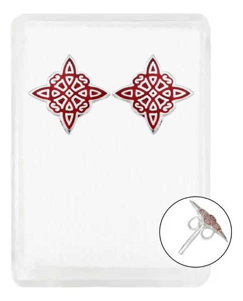 Aretes de plata .925 rojo broquel Nudo de Bruja diseno esmaltado laser — Joyaris