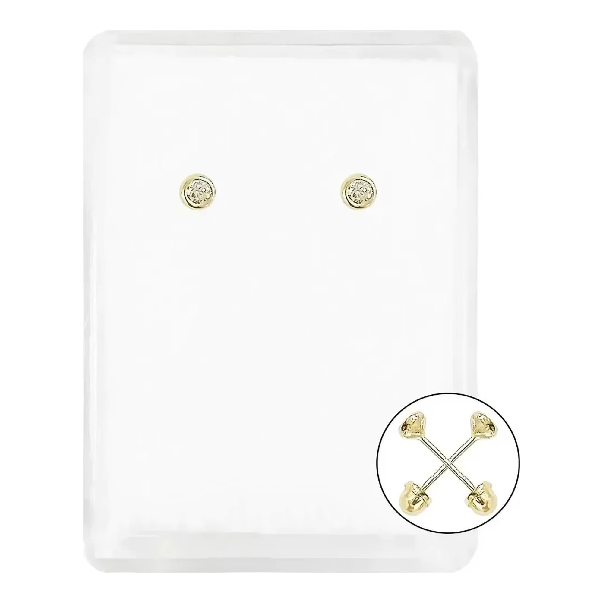 Par de aretes broquel oro 14k amarillo pequeños, con zirconia transparente biselada. Ideales para un piercing oro 14k o loo