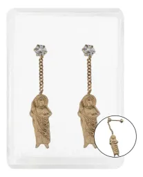 Arete Broquel Oro 10k Medalla San Judas Tadeo con Cadena Zirconia - Imagen 1