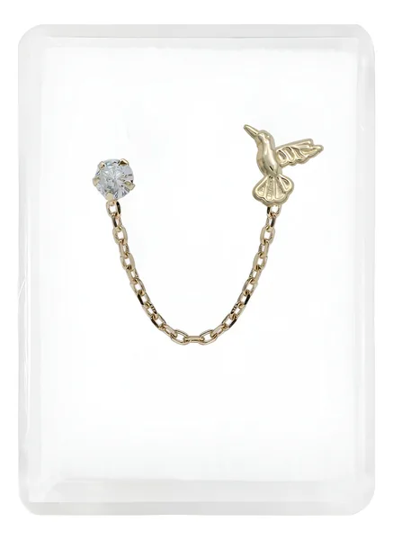 Aretes de oro 10k dorado zirconia colibri cadena broquel — Joyaris