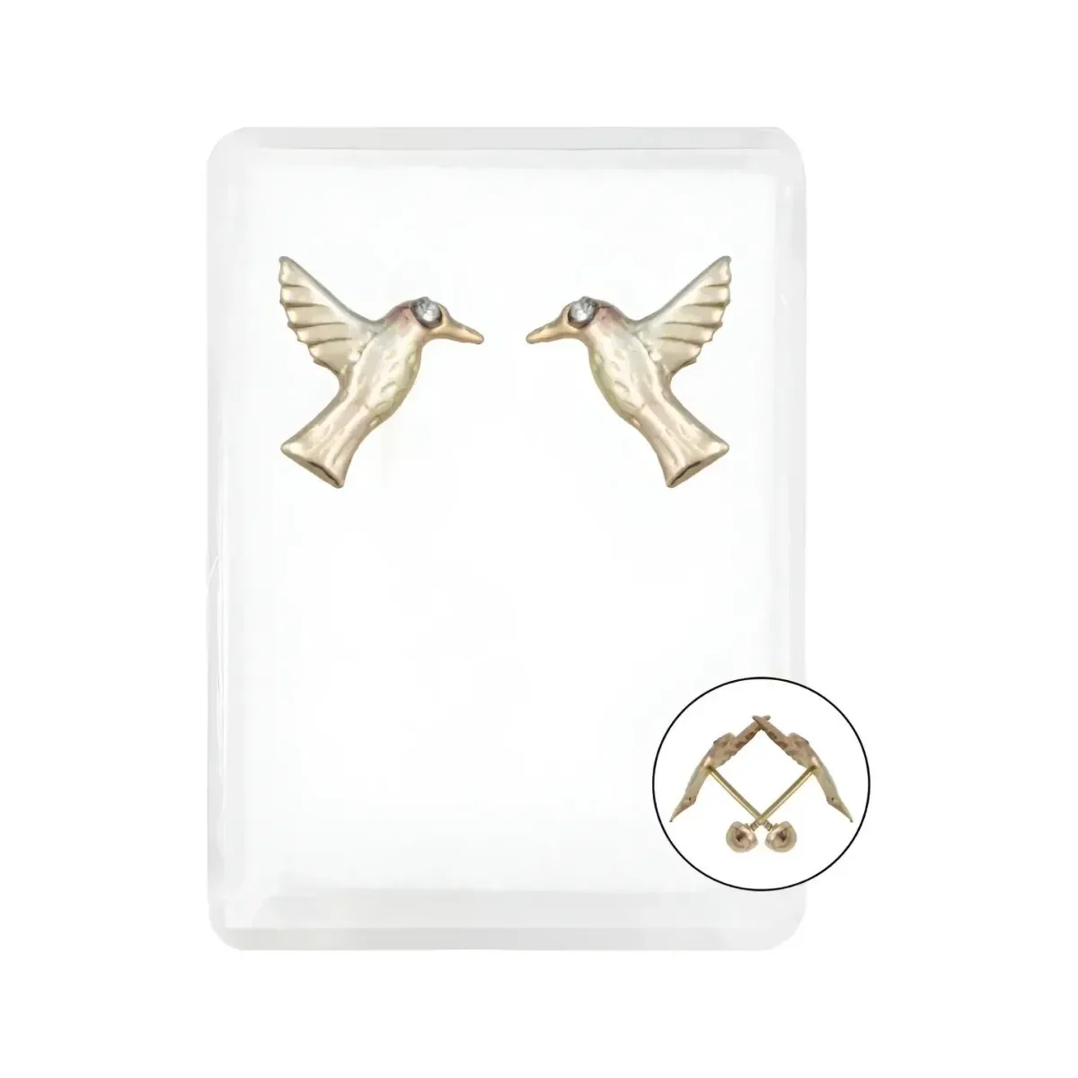 Aretes broquel colibrí oro 10k con zirconia transparente. Joyería fina, regalo ideal para mamá. Broqueles hechos en México.