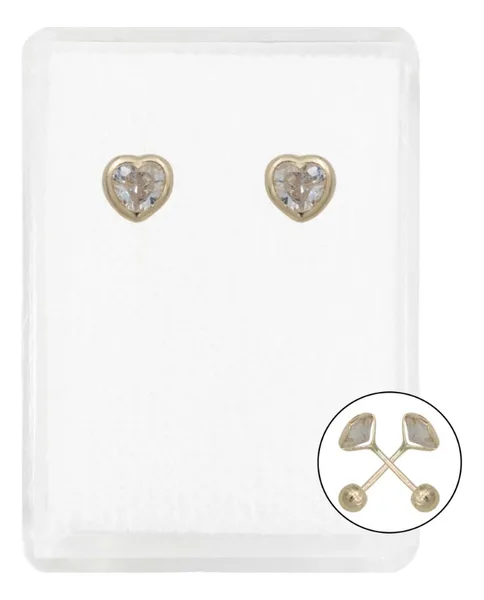 Aretes Broquel Corazón Oro 10k Zirconia Transparente - Imagen 1