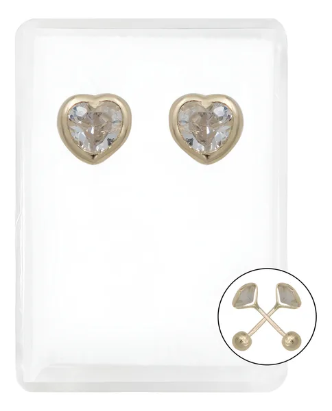 aretes de oro 10k blanca zirconia broquel corazon liso — Joyaris